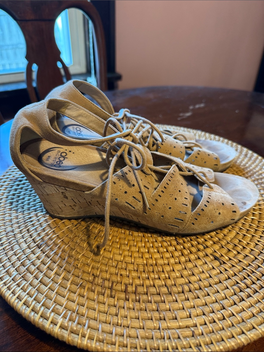 Abeo Tan Suede Lace-Up Cork‎ Wedge Sandals